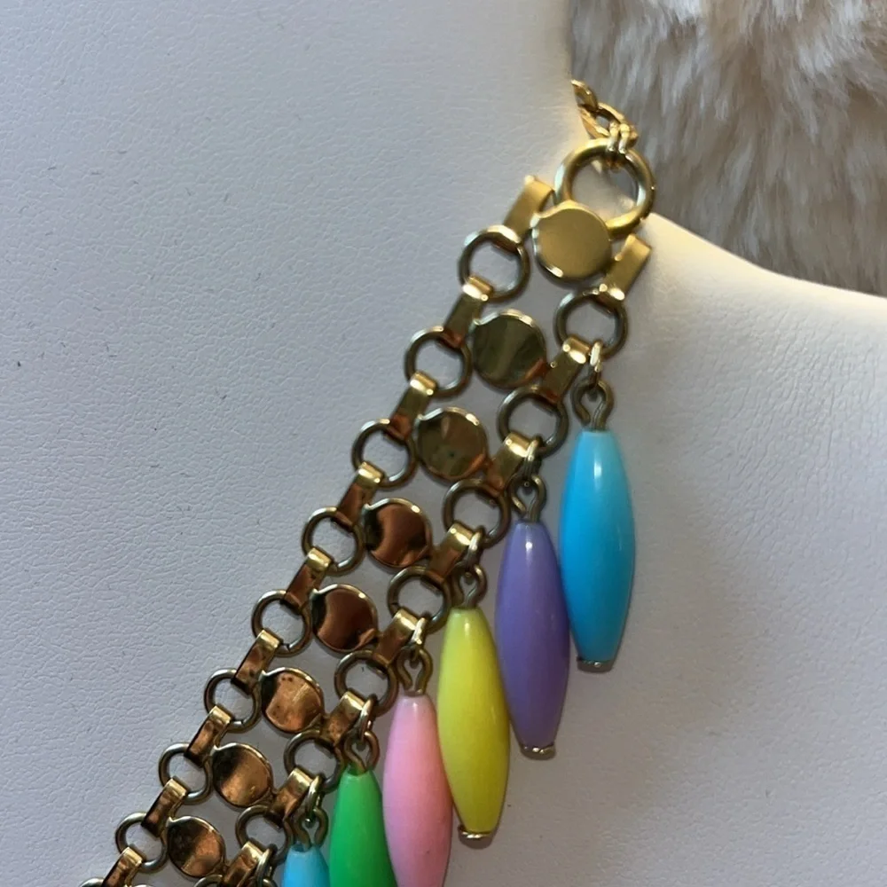 Pretty Pastel vintage plastic beaded fringe necklace gold tone fairy whimsical